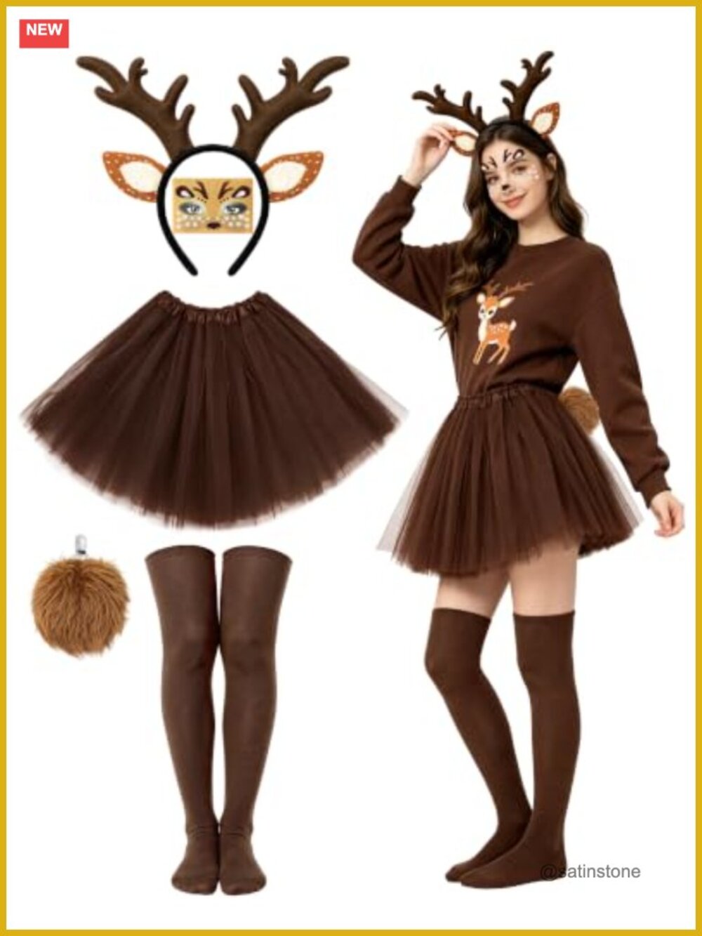 Reindeer Costume Set Plush Antler Headband Tutu Stockings Women Cosplay